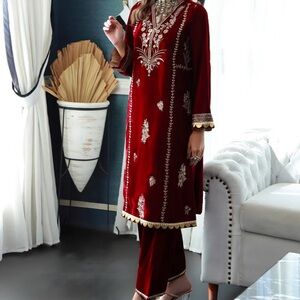 Elegant Maroon Embroidered Velvet 2pc Pakistani Suit by Asim Jofa